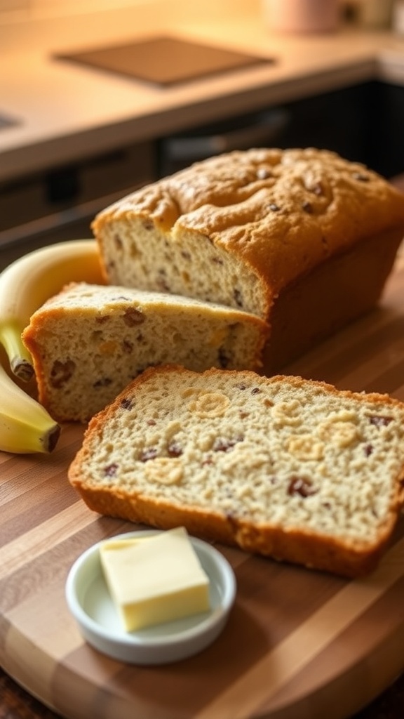 A loaf of banana bread sliced on a cutting board with ripe bananas beside it.